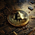 golden bitcoin on circuit board, crypto wealth engraved, Generative AI