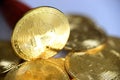 Golden bitcoin close-up. cryptocurrency coin