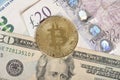 Bitcoin and dollar, pound and euro paper money