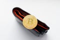 Golden bitcoin coin on black leather wallet Royalty Free Stock Photo