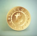 Golden bitcoin coin with chain, stars and name around. Crypto currency golden coin bitcoin symbol icon on textural light blue back Royalty Free Stock Photo