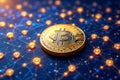 Golden Bitcoin Coin on a Connected Blue Network Blockchain Network Visualization Crypto Currency Digital Finance Decentralized Royalty Free Stock Photo