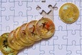 golden bitcoin coin. cryptocurrency. Missing jigsaw puzzle pieces. Business concept Compliting final task Royalty Free Stock Photo