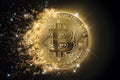 Golden Bitcoin coin disintegrating into sparkling dust, B symbol intact, dark background