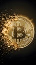 Golden Bitcoin coin disintegrating into sparkling dust, B symbol intact, dark background