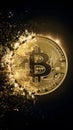 Golden Bitcoin coin disintegrating into sparkling dust, B symbol intact, dark background