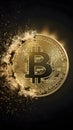 Golden Bitcoin coin disintegrating into sparkling dust, B symbol intact, dark background