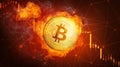 Golden bitcoin coin falling in fire flame.