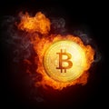 Golden bitcoin coin falling in fire flame.