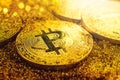 Golden bitcoin coin with glitter lights grunge crypto Currency Royalty Free Stock Photo