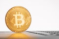 Golden Bitcoin coin on the laptop keyboard. Internet stock. Trad Royalty Free Stock Photo