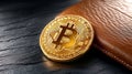 Golden bitcoin coin on leather wallet surface Royalty Free Stock Photo