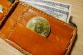 Golden bitcoin coin in the leather wallet Royalty Free Stock Photo