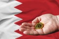 Golden bitcoin coin in man& x27;s hand, Bahrain flag in the background