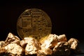 Golden Bitcoin Coin and mound of gold. Bitcoin cryptocurrency. Royalty Free Stock Photo