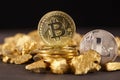 Golden Bitcoin Coin and mound of gold. Bitcoin cryptocurrency. Business concept Royalty Free Stock Photo