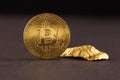 Golden Bitcoin Coin and mound of gold. Bitcoin cryptocurrency. Business concept Royalty Free Stock Photo