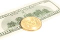 Golden bitcoin coin and one hundred dollar banknote Royalty Free Stock Photo
