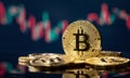 Golden bitcoin coin over defocused stock chart