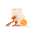 Golden Bitcoin Coin, Paper Sheet With Text And Gavel. Concept Of Cryptocurrency Legislation, Digital Currency Law