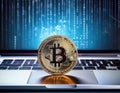 Golden Bitcoin coin placed on a sleek silver laptop keyboard, with glowing binary code streaming across the screen in the Royalty Free Stock Photo