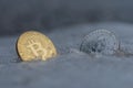 Golden bitcoin coin and silver ethereum coin in ice Royalty Free Stock Photo