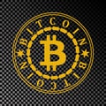 Golden bitcoin coin symbol with name, stars and gold chain. Crypto currency golden coin bitcoin icon isolated on black