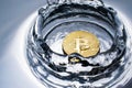 golden bitcoin coin with water splash crypto currency background