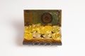 Golden bitcoin coins and banknote in the treasure trove, cryptocurrency in wooden chest, gift, decoration on white paper