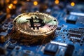 Golden Bitcoin on computer circuit board background. Royalty Free Stock Photo