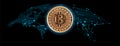 Golden bitcoin cryptocurrency on blue global hologram Royalty Free Stock Photo