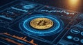 Golden Bitcoin Cryptocurrency Coin Centered on Futuristic Digital Data Display with Charts Royalty Free Stock Photo