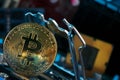 Golden Bitcoin Cryptocurrency on computer circuit board CPU. Macro shot Royalty Free Stock Photo