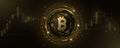 Golden Bitcoin cryptocurrency with HUD and candlestick pattern. Digital coin BTC for business banner. Technology concept. Royalty Free Stock Photo