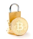 The golden bitcoin. Cryptocurrency and padlock.