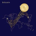 Golden bitcoin digital currency with arrow and world map on dark