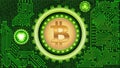 Golden bitcoin digital currency with gears and circuit board elements. Mining and blockchain technology