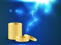 Golden bitcoin digital currency. Stacks of ten coins on dark blue background with lightning or storm. Bitcoin mining Royalty Free Stock Photo