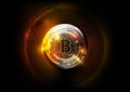 Golden bitcoin digital currency and world globe hologram, futuristic digital money and technology worldwide network concept Royalty Free Stock Photo