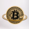 Golden bitcoin flying in the air with Saturn planet ring on bright white background. Creative cryptocurrency or blockchain concept