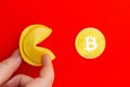 Golden bitcoin with Fortune cookie in hand Royalty Free Stock Photo