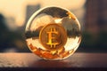 Golden bitcoin in a glass ball on the background of the city, Bitcoin bubble inflation, AI Generated