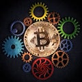 Golden bitcoin glowing among colorful cog wheels closeup, square format.