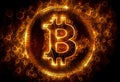 Golden bitcoin with glowing lights on dark background. Cryptocurrency concept. Generative AI