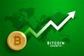 Golden bitcoin with growth arrow on green background with world map