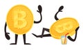 Golden Bitcoin Humanized Character Drinking Juice and Waving Hand Vector Set