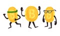 Golden Bitcoin Humanized Character Running and Wearing Glasses Vector Set