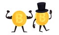 Golden Bitcoin Humanized Character Showing Muscles and Waving Hand Vector Set