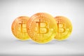 Golden bitcoin icons with shadows isolated on white background. Realistic vector illustration. Royalty Free Stock Photo