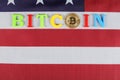 Golden bitcoin, inscription bitcoin on the flag of the United States